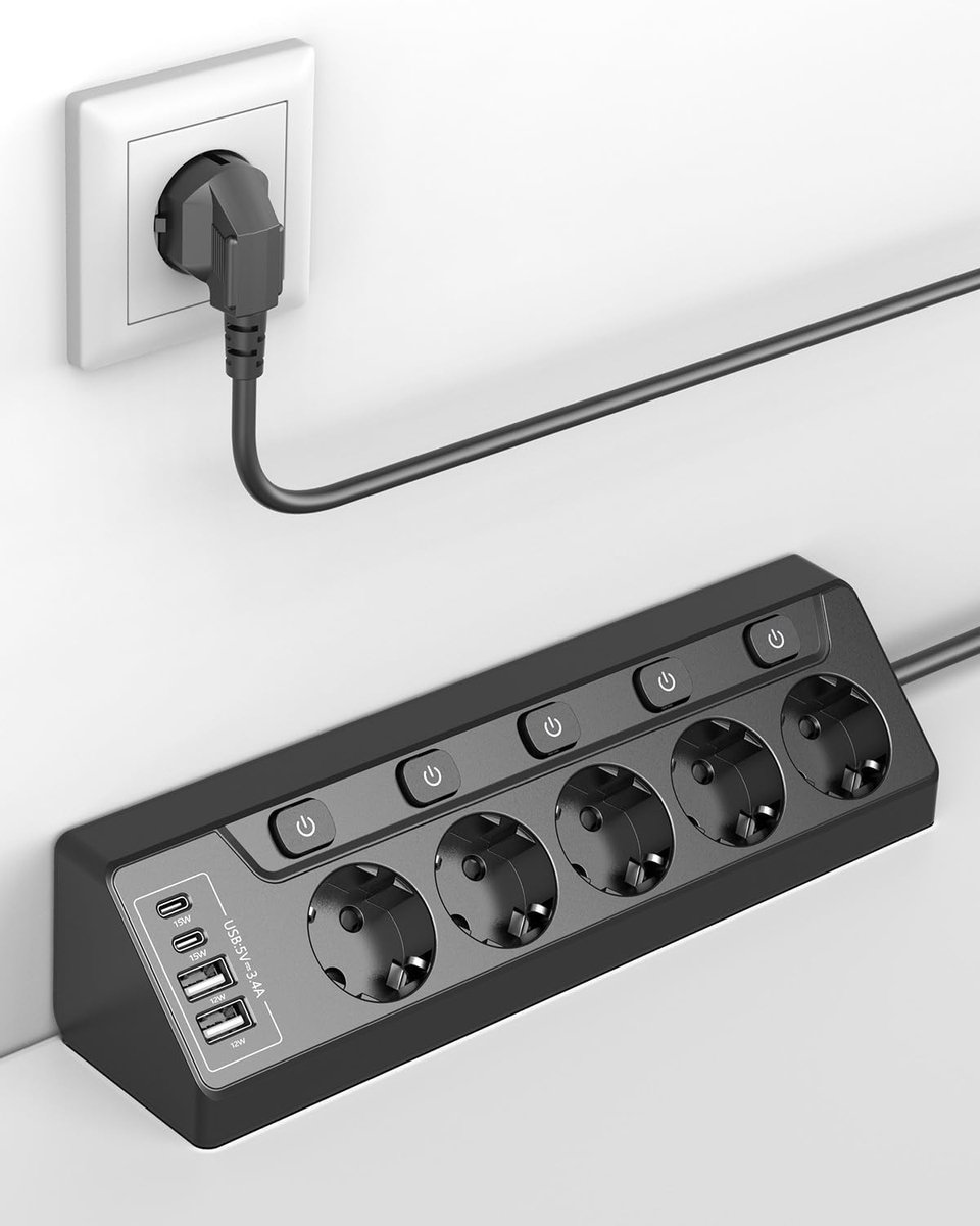 SnelShoppen - Hoekstekkerdoos met 5 Stopcontacten en 4 USB Poorten (2x USB-C + 2x USB-A), Individueel Schakelbaar, Overspanningsbeveiliging, 2m Kabel