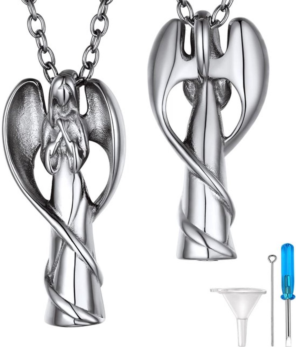 RVS Engel Vleugel Urn Ketting voor Aangepaste Crematie Hanger met Foto Tekst Gegraveerd Herinnerings Crematie Sieraad - 20 inch, RVS, Geen Edelsteen, RVS, Geen