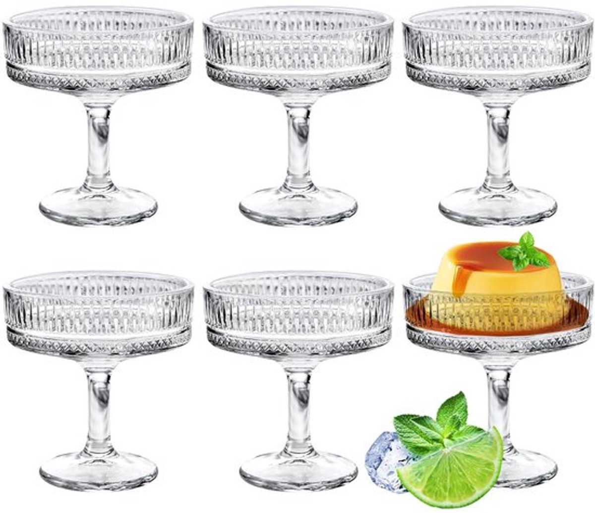 Espresso Martini Glazen, Set van 6, 200 ml, Vintage Cocktailglazen met Groeven zoals Champagnekommen, Margarita Glazen, Champagneglazen voor Bar, Cocktails, Wijn en Nagerechten