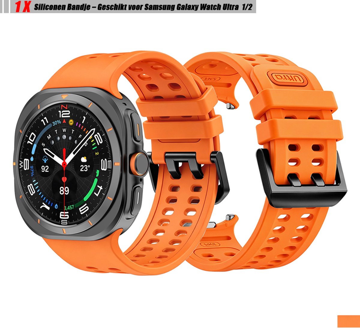 Stravo Zacht Siliconen Bandje – Geschikt voor Samsung Galaxy Watch Ultra 2 47mm (2026) / Ultra 47mm (2024/2025) – Sport Horlogebandje met Dubbele Ventilatiegaten en Gespsluiting – Oranje