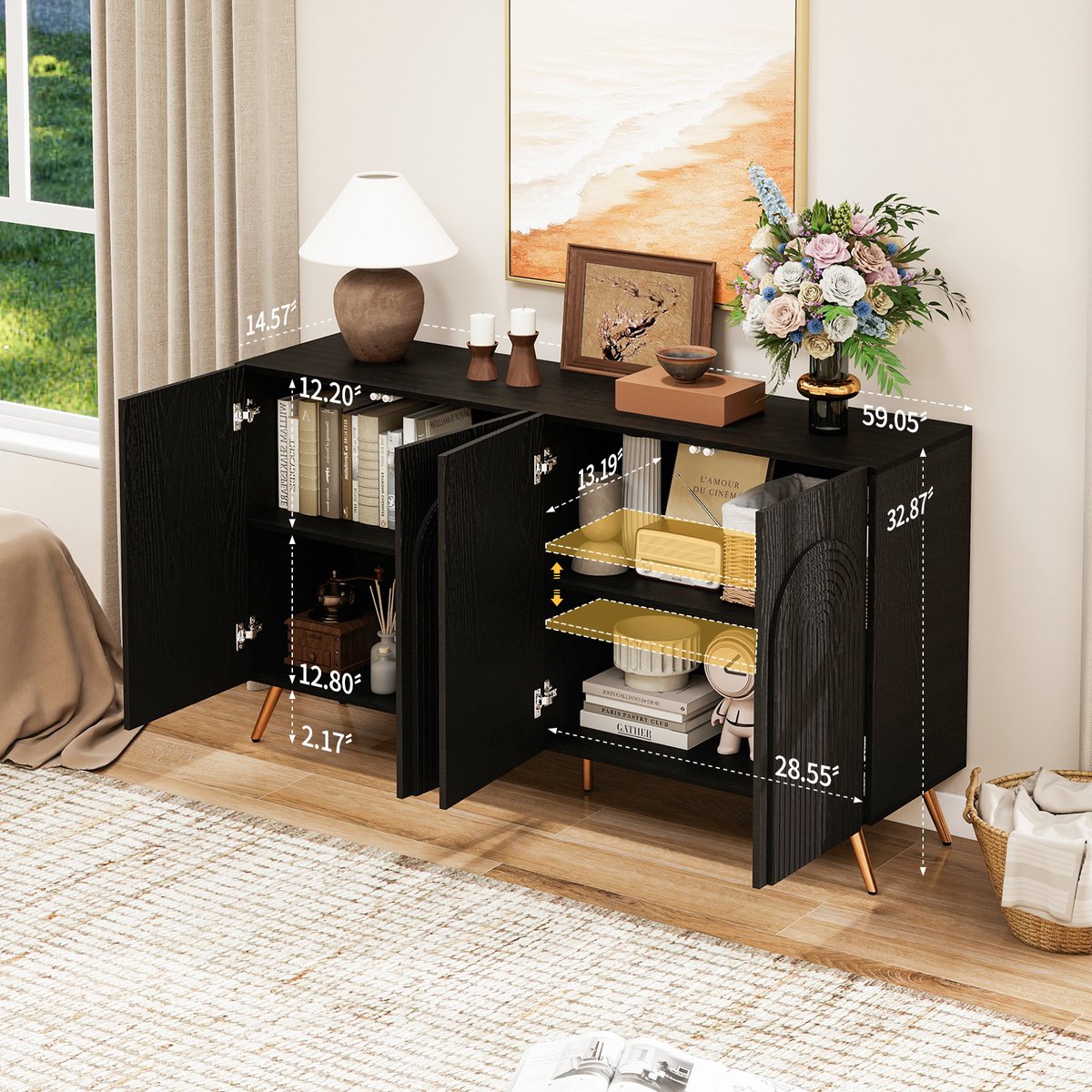 Wishdor - Dressoir - 3D-rillen en boogdeuren - verstelbare planken - Mid-Century stijl - woonkamer of hal - houtlook - zwart - 150 x 38 x 83 cm