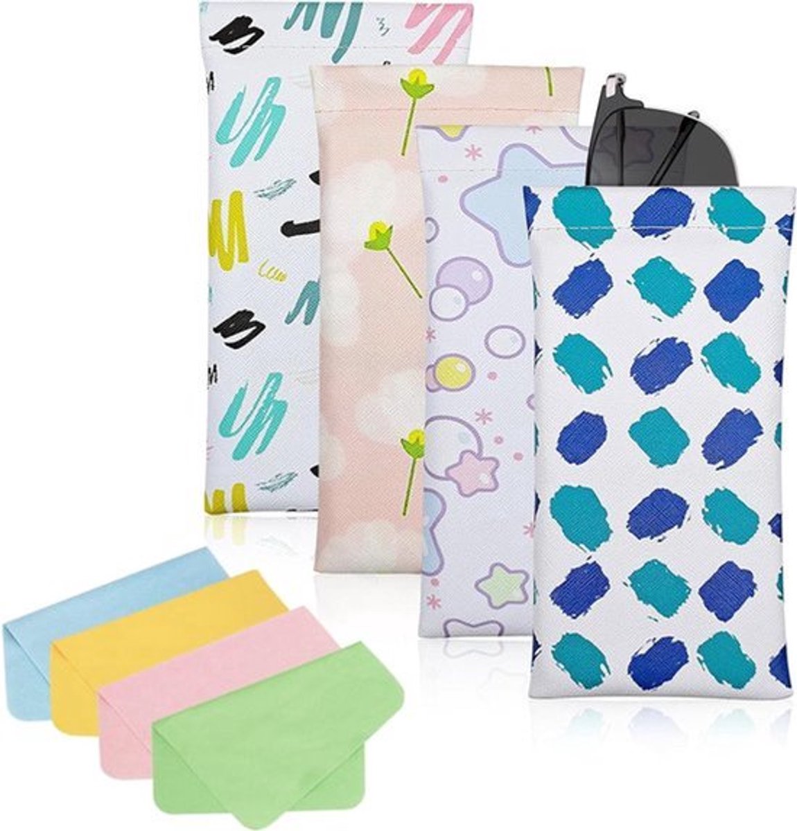 4 stuks zachte brillenkokers met 4 reinigingsdoekjes - Leren brillenkoker zonnebrillen etui compressie automatisch sluitend voor dames en heren