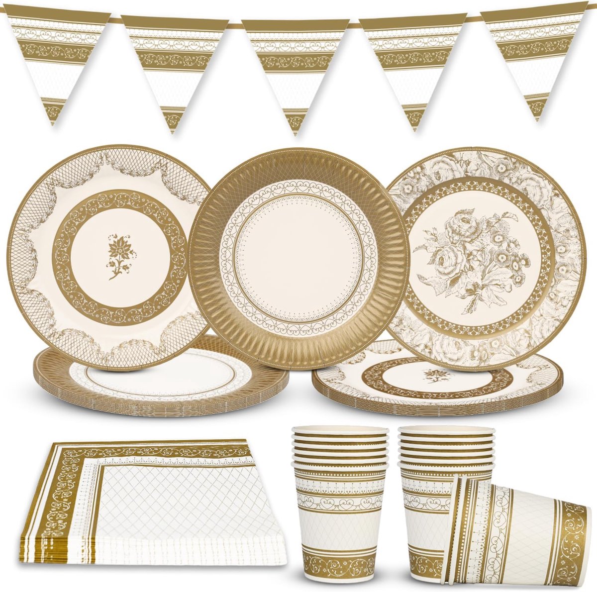 Talking Tables Gouden Feestpakket met Wegwerp Papieren Borden, Bekers, Servetten, Tafelkleed en Vlaggenlijn voor 16 Gasten – ideaal voor bruiloften, verjaardagen, jubilea, Kerstmis en Oud & Nieuw.