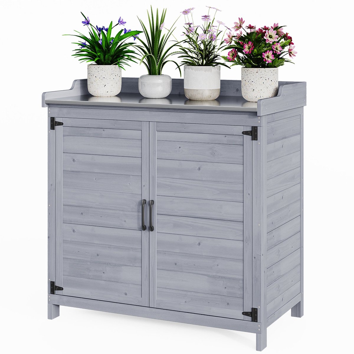 Home & Beyond® Houten Tuinkast met Werkblad, Legplank en Plantenbak met Opbergruimte - Buiten Opbergkast - Grijs - 98 cm Breed