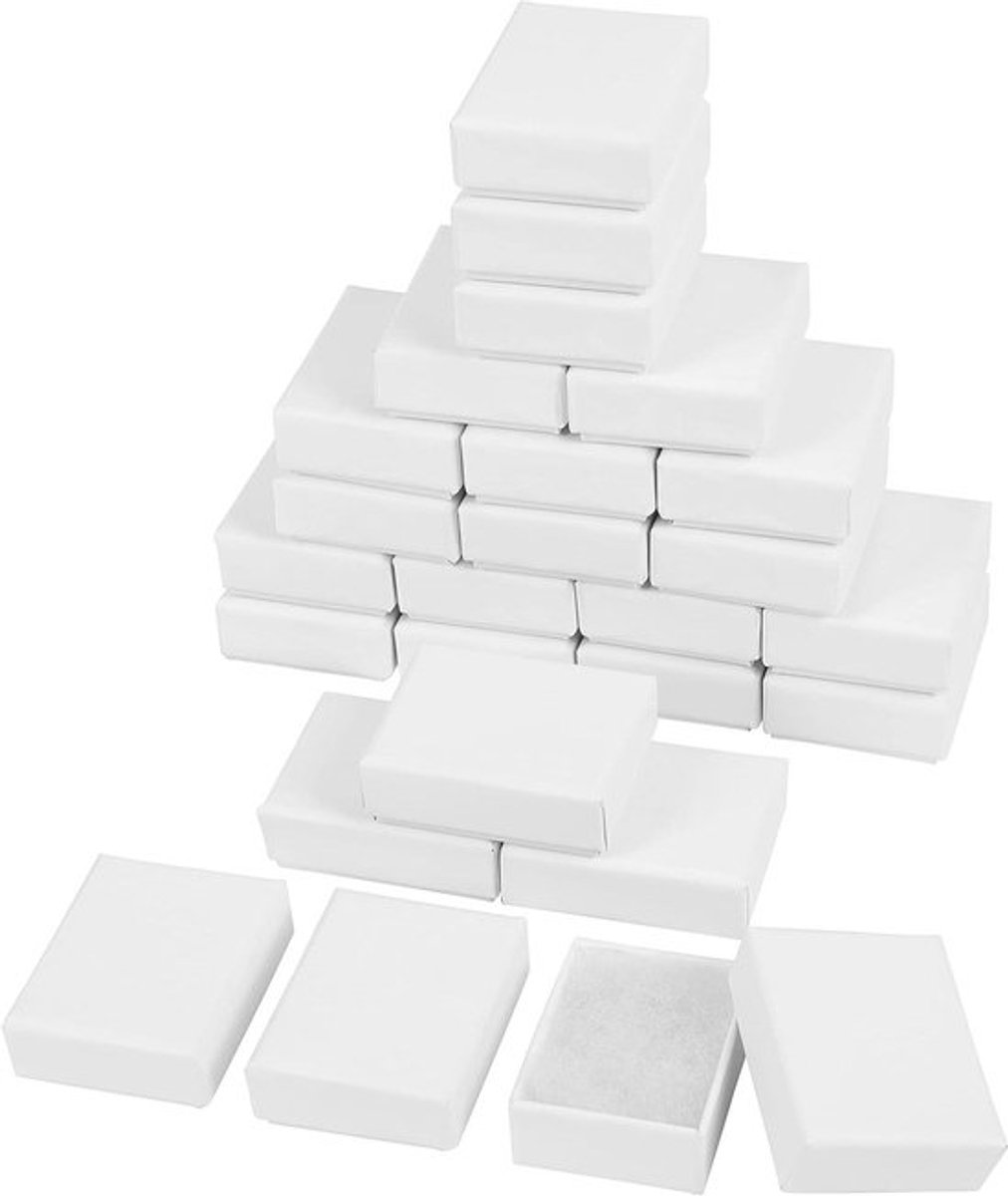 - Witte Hobby Karton Papieren Sieraden Doosjes - Papierverpakking - Set van 25 - Lengte 5,7 cm Breedte 4,5 cm Hoogte 2,1 cm - Sieradendoosje - Katoenen Vulling - Geschikt voor Kettingen, Oorbellen, Armbanden & Ringen.