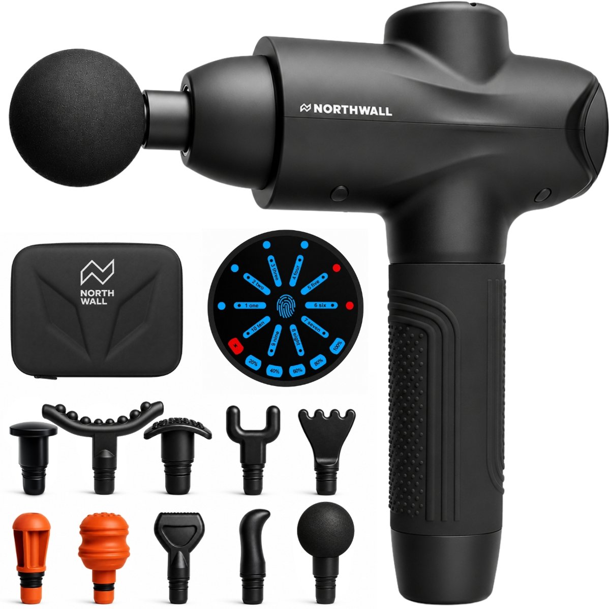 Northwall Prime SE massage gun met 10 koppen