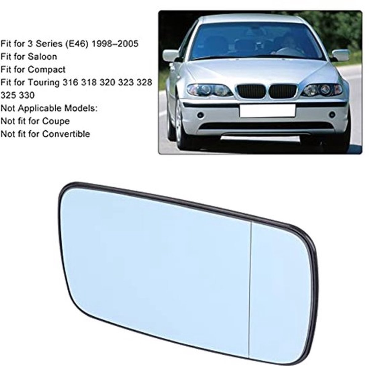 Auto Zijspiegel Glas, Rechterblauw Verwarmde Vleugel Deur Spiegelglas Geschikt voor 3-serie (E46) 1998–2005