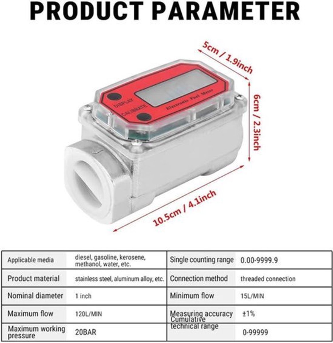 Waterdebietmeter turbinestroommeter digitale piekstroommeter olietankniveaumonitor elektronische debietmeter manometer - 15-120L 1 inch inlaat/uitlaat NPT voor diesel kerosine benzine