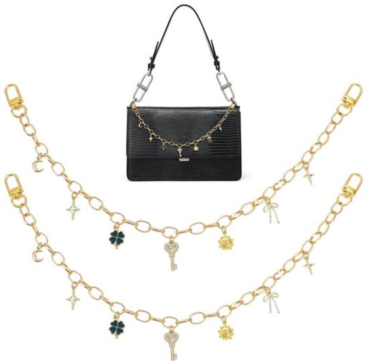 3PCS Decoratieve Tas Hangers - 400mm Gouden Klavertas - Elegante Charms voor Handtassen en Sleutels