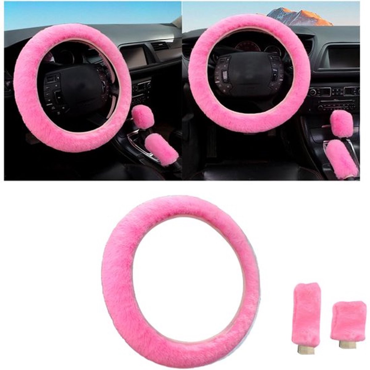 3-delige stuurhoes voor autoaccessoires, zachte pluche stuurhoes, fuzzy stuurhoes warm en comfortabel in de winter, telescopische stuurhoes van pluche (roze)