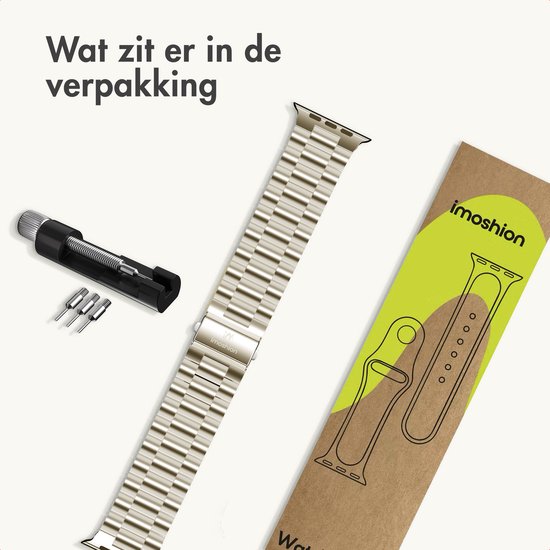 Zilverkleurig metalen smartwatchbandje, met gereedschap om schakels te verwijderen en verpakking.