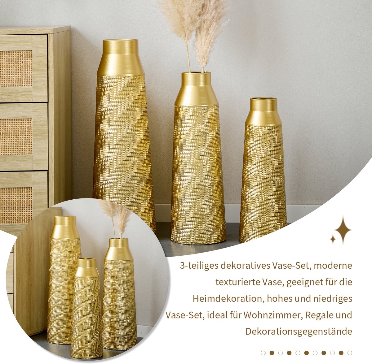 MIVRAY Vaas – 3-Delige Set met Handverfijnde Textuur – 61 51 43,5 cm – Metaal – Goud – Decoratie voor Woonkamer Hal en Dressoir