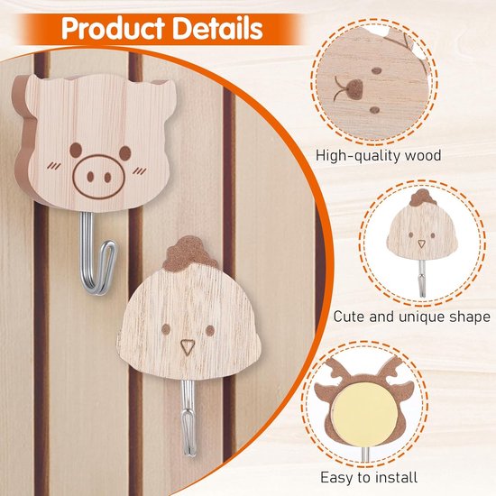 Kledinghaken dieren set van 6 - houten zelfklevend - schattige motieven - vrolijke decoratie voor kinderen - ShopVlot — afbeelding 3