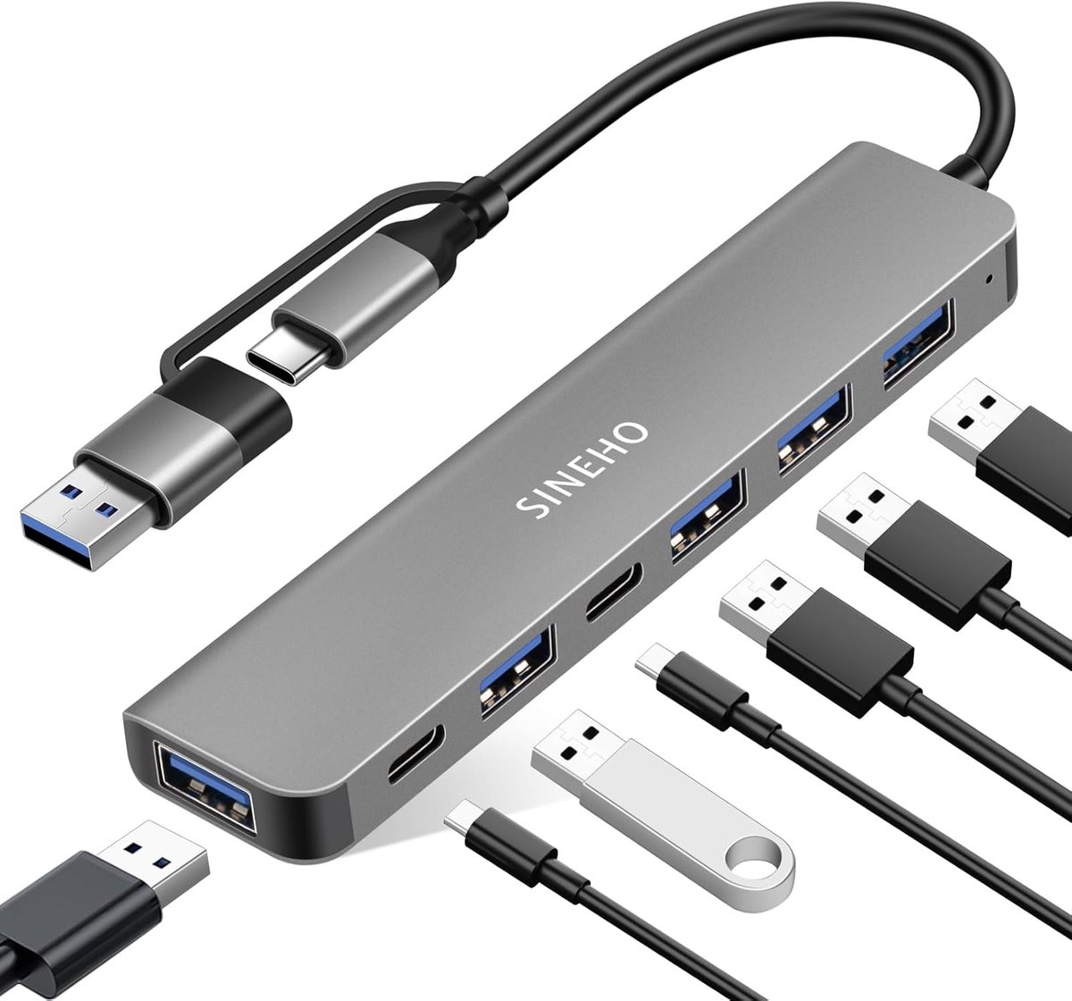 SnelShoppen - 7-in-1 USB Hub met USB 3.0, 4x USB 2.0, Dual USB-C Poorten voor Laptop, PC, Type-C Apparaten - Ideaal voor Thuis, Kantoor en Reizen