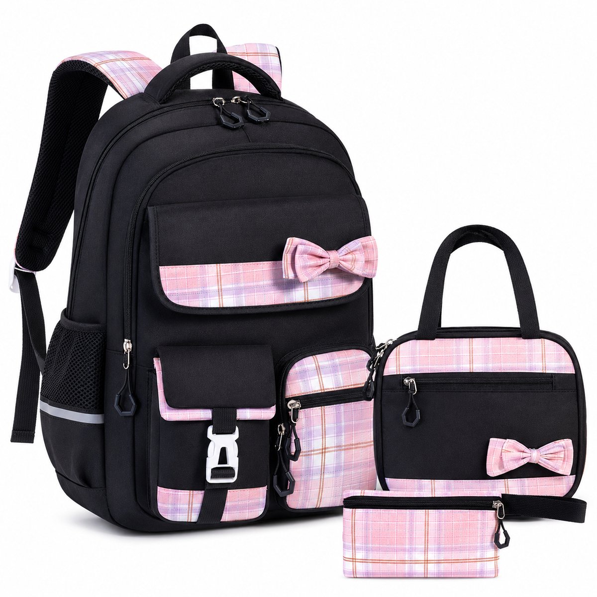Schooltas voor Meisjes - Schooltas met Lunchtas en Etui - Rugzak voor Meisjes Groep 6-8 - Schooltas voor Middelbare School - Zwart - Ergonomisch & Waterafstotend