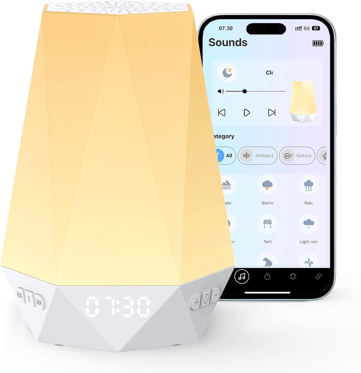 Thijox - Slaaplamp met Witte Ruis, 3-in-1 Lichtwekker, Dimbare Nachtlamp voor Kinderen, 32 Slaapgeluiden, App-Bediening, Kleurverandering, Oplaadfunct