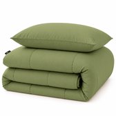 Slaapspeciaal Eazydekbed Hotel Mosgroen - Dekbed zonder Overtrek - Wasbaar Dekbed - Hoesloos Dekbed - All Year Dekbed - 2 in 1 Dekbed - Dekbed met Vaste Overtrek - Incl. Kussensloop - 140x220 cm