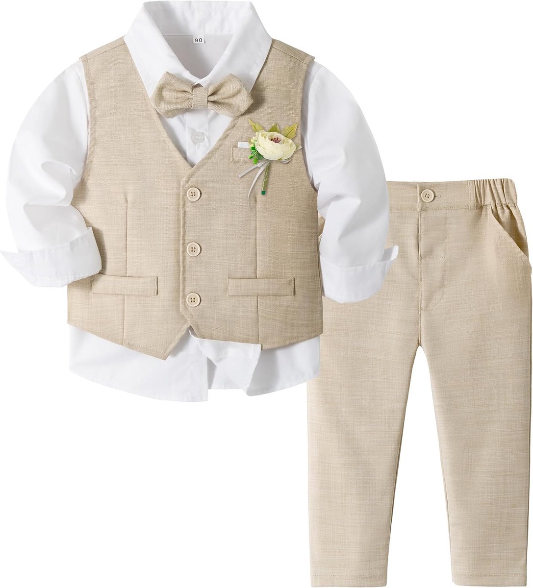 SnelShoppen - Baby Kostuum voor Jongens - 4-delige Set met V-hals Cardigan, Lange Mouwen Shirt, Rechstreeks Broek en Strik - Perfect voor Bruiloft, Fe