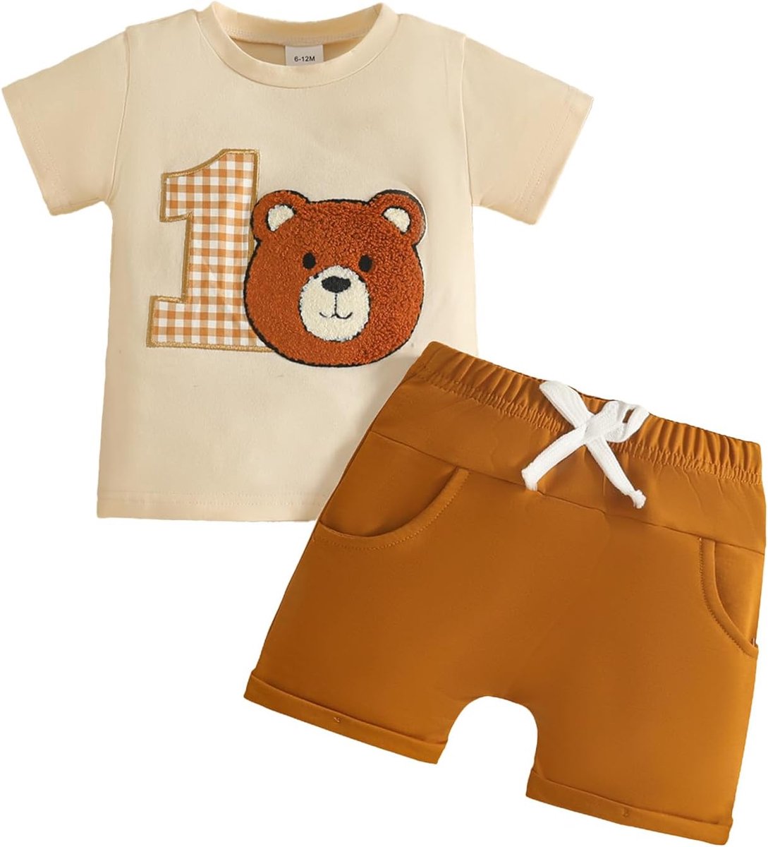 SnelShoppen - Baby Eerste Verjaardag Kleding Set - Lange Mouwen Beerprint T-shirt en Broek - 1 Jaar Verjaardag Outfits voor Jonge Jongens - Comfortabe