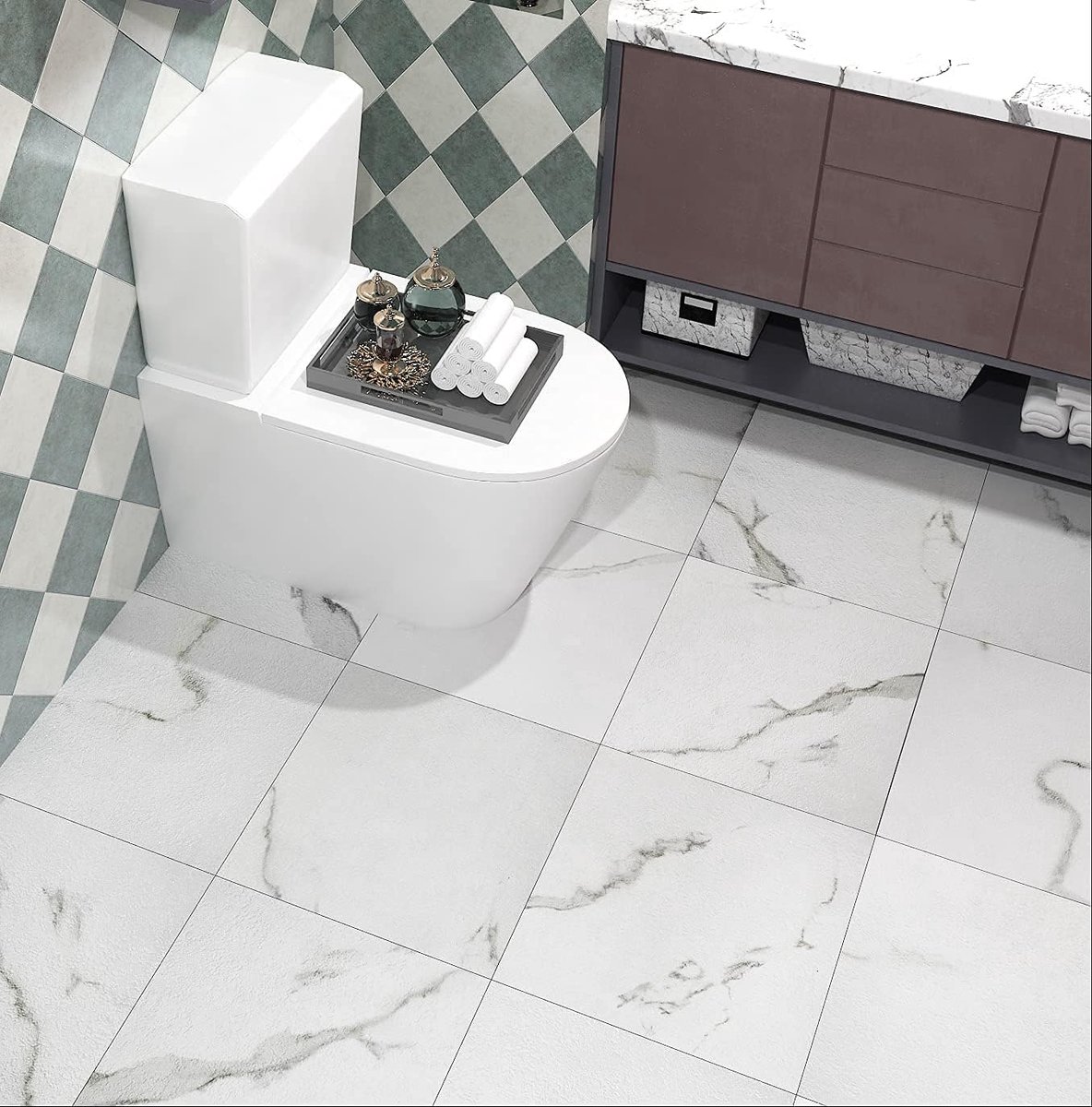 SnelShoppen - Pack van 30 Zelfklevende PVC Vloertegels, Marmerlook, 30x30 cm, Waterdicht en Verwijderbaar, Wit, Ideaal voor Badkamer en Keuken