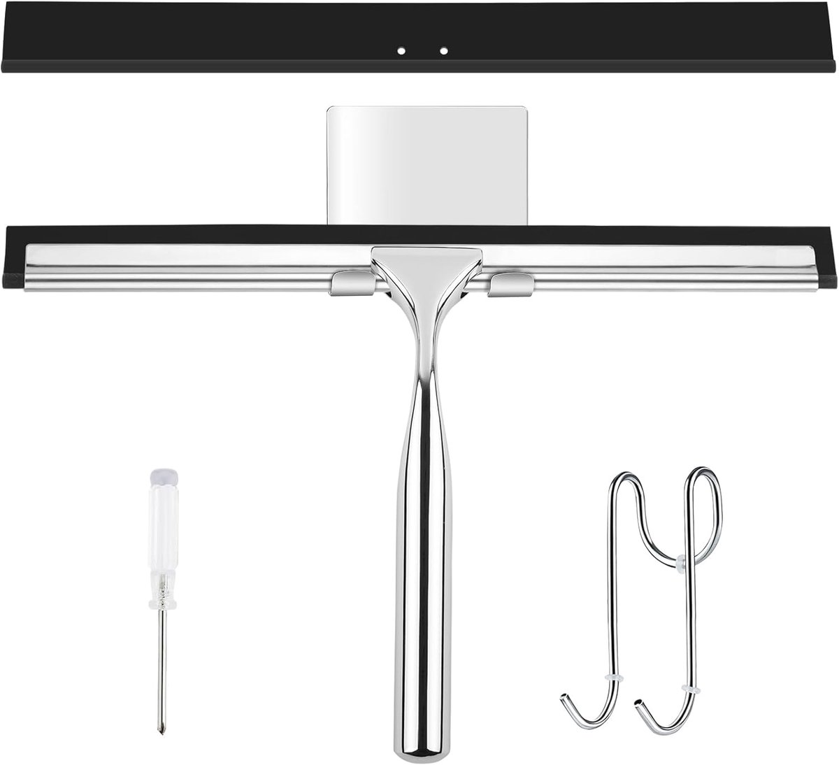 SnelShoppen - 25CM Roestvrijstalen Douchewisser met Haak en 2 Siliconenbladen, Makkelijk te Bevestigen zonder Boren, Perfect voor Badkamers, Ramen en