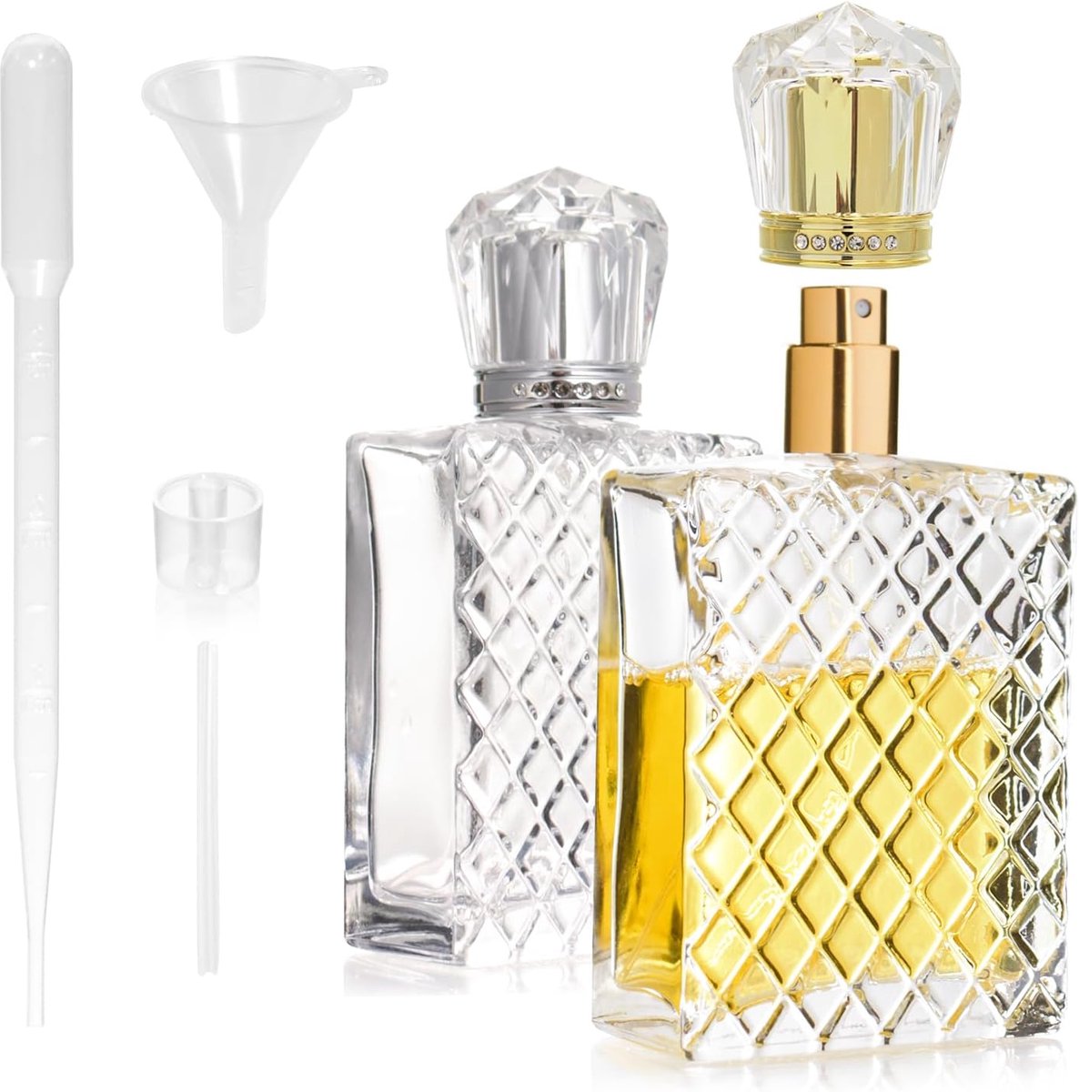 SnelShoppen - 2 stuks 100 ml navulbare glazen parfum spuitflessen met kroon, vierkante ruit, draagbare parfum verstuiver voor reizen, luxe design, ide