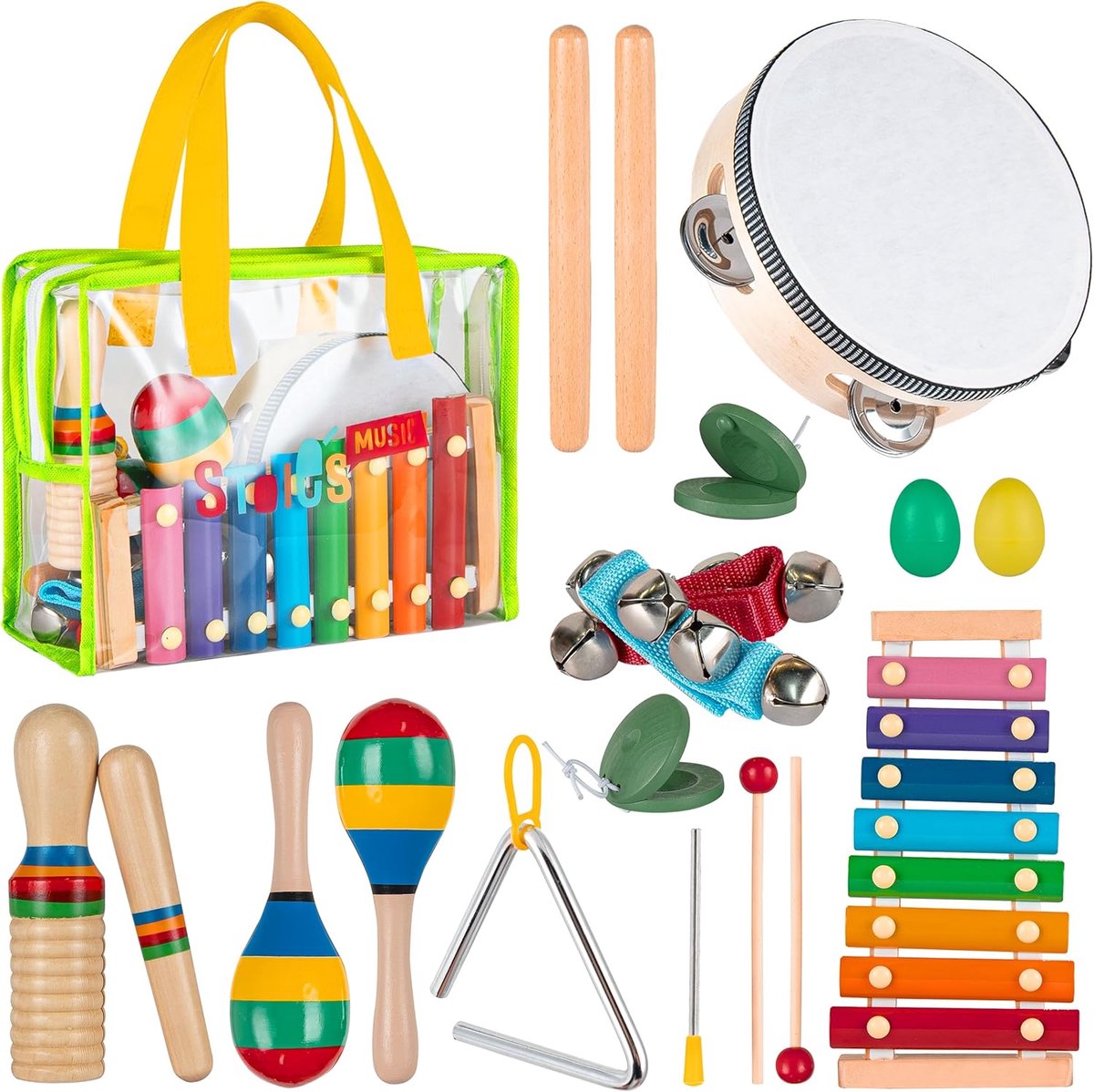 SnelShoppen - Muziekinstrumenten Set voor Kinderen – Houten Percussie Speelgoed voor Peuters 1-3 Jaar, Xylofoon, Tamboerijn, Maracas, Educatief Muziek