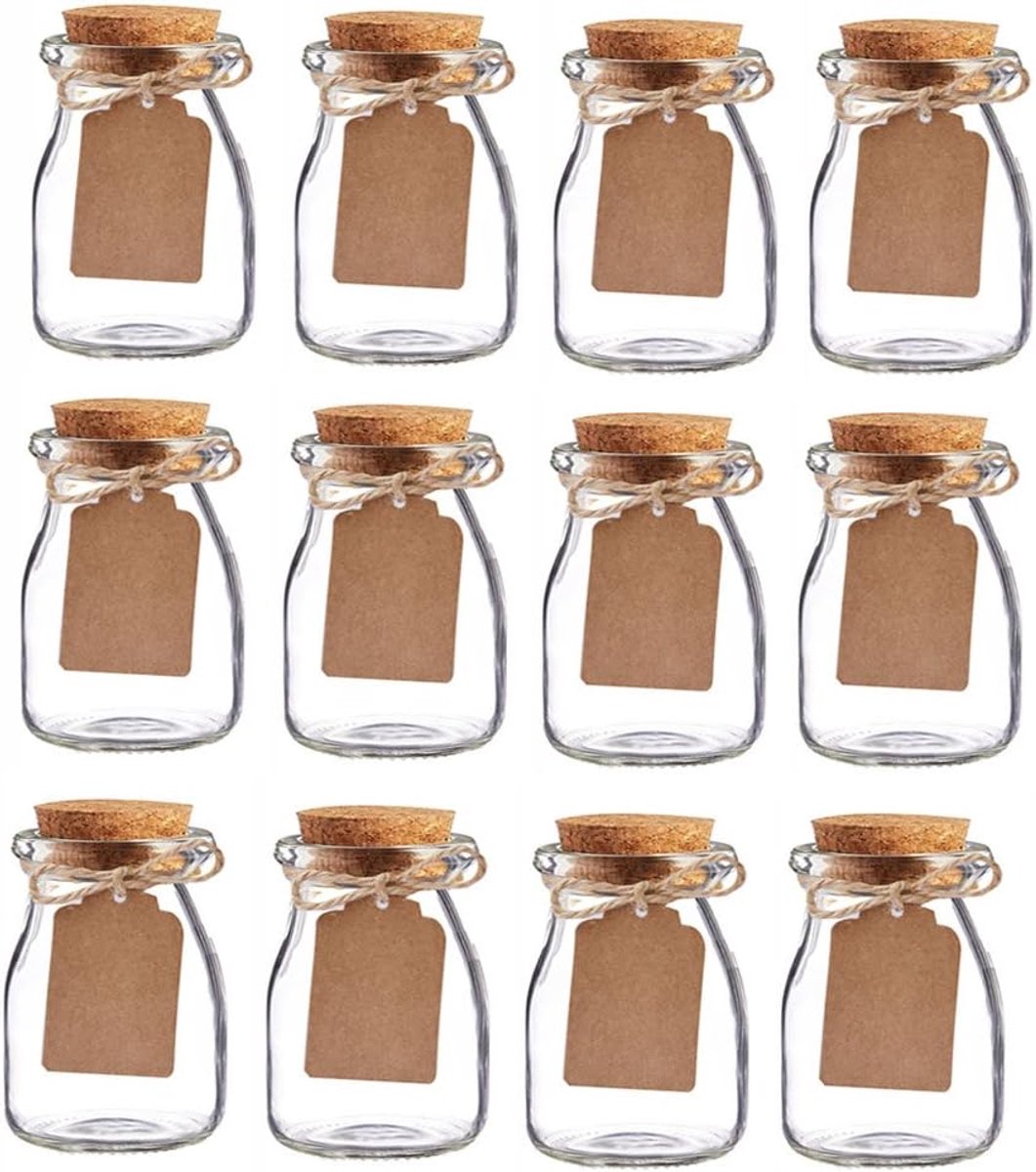 SnelShoppen - Set van 12 Glazen Potjes met Kurkdeksel | Decoratieve Bewaarpotten voor Keuken, Tuin, Feest en Creatief Gebruik | Vaatwasserbestendig en