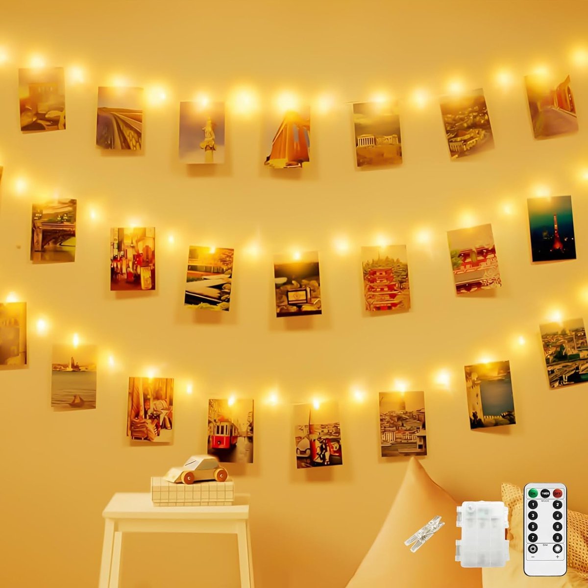 SnelShoppen - 100 LED Fotoclip Lichtslinger 10m - Batterijgevoede Kerstverlichting met 50 Clips - 8 Modi voor Slaapkamer, Bruiloft, Feest, Verjaardag,