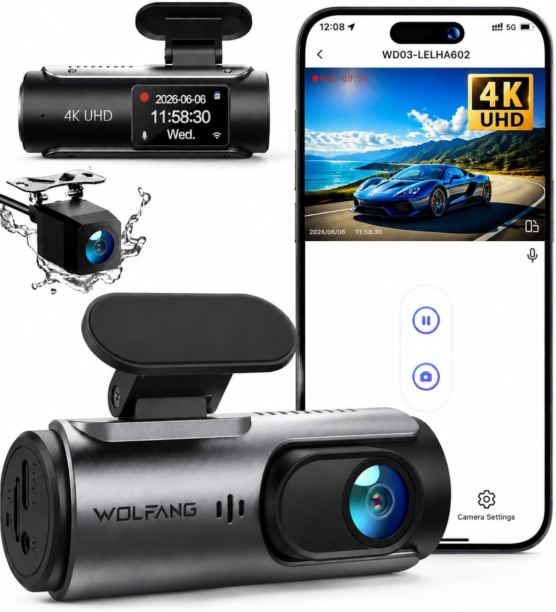 SnelShoppen - WOLFANG Dashcam Auto Voor Achter 4K WiFi, Ultra Nachtzicht, 170° Groothoek, WDR, 24-uurs Parkeermodus, G-sensor, Loop Recording