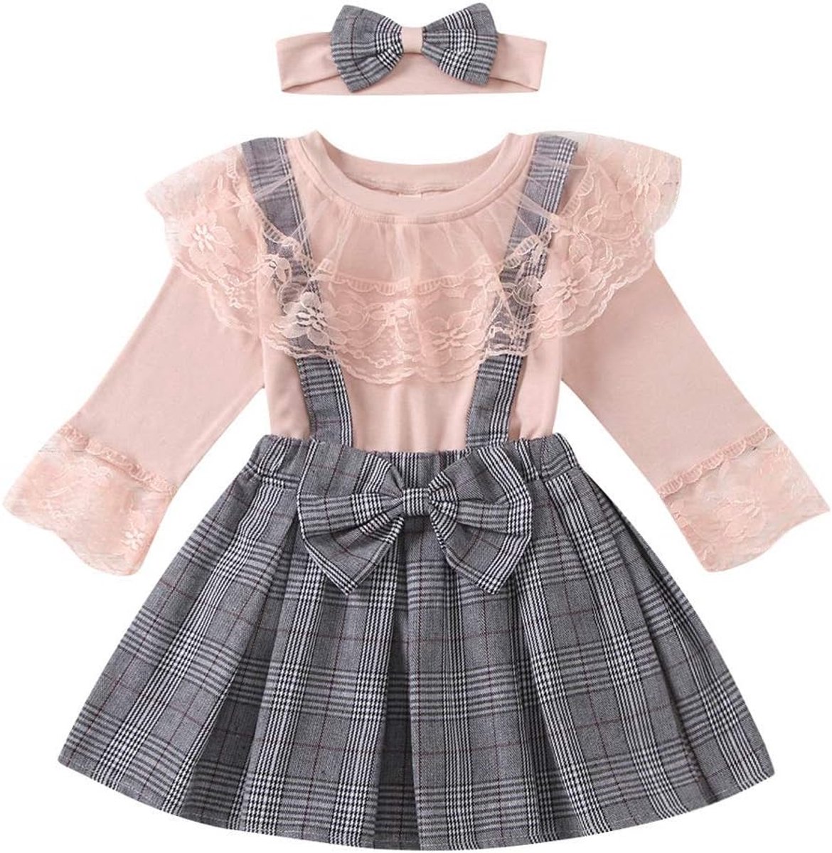 SnelShoppen - Peuter Baby Meisjes Jarretel Rok Set met Lange Mouwen Lace Shirt, Plaid Rok en Hoofdband 3-delig, Perfect voor Herfst en Winter, Feestkl