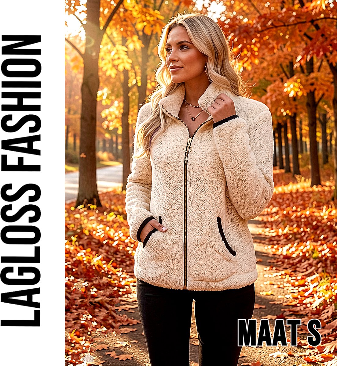 LaGloss ® Dames Jas Beige – Warme Pluche Jas met Rits en Zakken – Casual Herfstjas met Lange Mouwen - Maat S