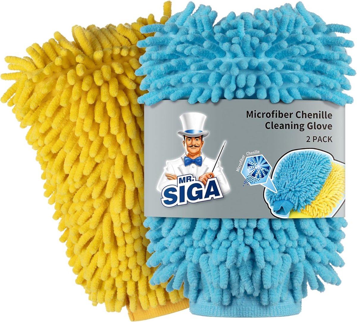 SnelShoppen - Microfiber Was Mitt - Zachte Chenille Auto Was Handschoen - Set van 2 - Blauw & Geel - Hoog Absorberend - Perfect voor Auto, Motor, Meub