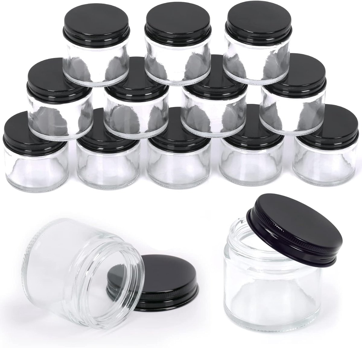 SnelShoppen - 15 Transparante Glazen Potten 60ml met Zwart Deksel - Ronde Cosmetische Containers voor Crème, Lotion, Reispotten - Waterdicht en Duurza