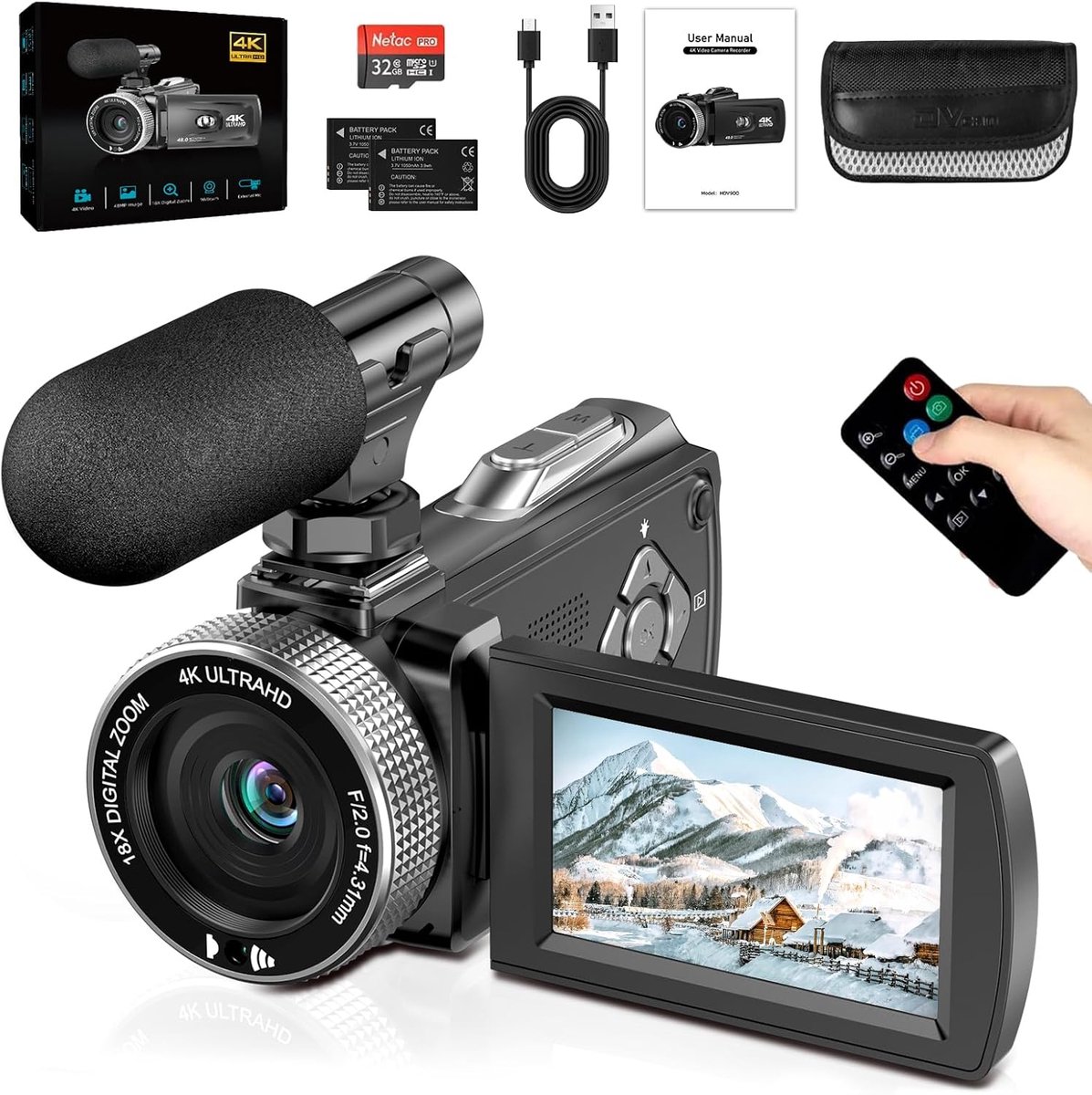 SnelShoppen - 4K Video Camera Camcorder 48MP met 18X Digitale Zoom, Vlog Camera voor YouTube, LED Vullicht, 3.0" 270° Scherm, Externe Microfoon, Afsta