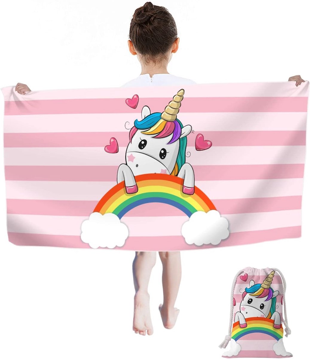 SnelShoppen - Eenhoorn Strandhanddoek Kinderstrandlaken 60 x 120 cm Microvezel Zandvrij Sneldrogend Badhanddoek Roze Regenboog voor Reizen Zwemmen en