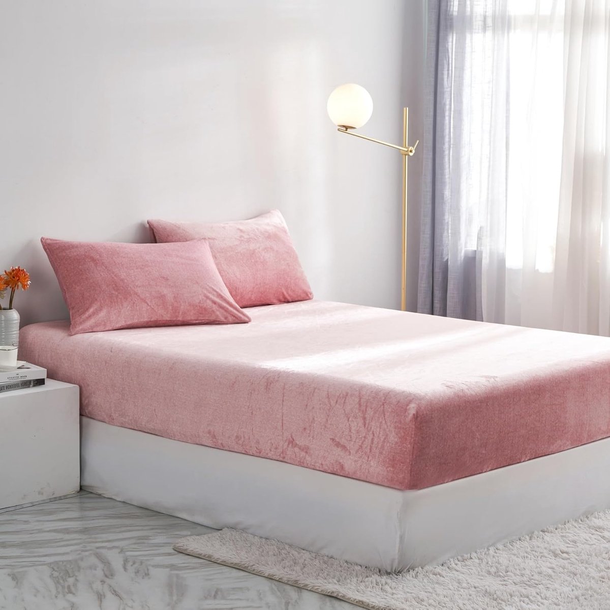 SnelShoppen - Fitted Sheet 200 x 200 cm - Pink Warm Cuddly Fleece - Super Zacht Milk Fleece Velvet - Fluffy voor 30 cm Matras - Perfect voor Winter en