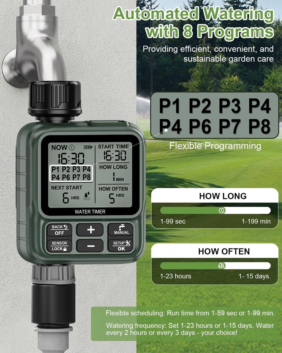 SnelShoppen - Digitale Water Timer voor Tuinirrigatie met LCD Display, Programmeerbare Irrigatieklok met Regen Sensor, Waterbesparend en Inclusief Ada