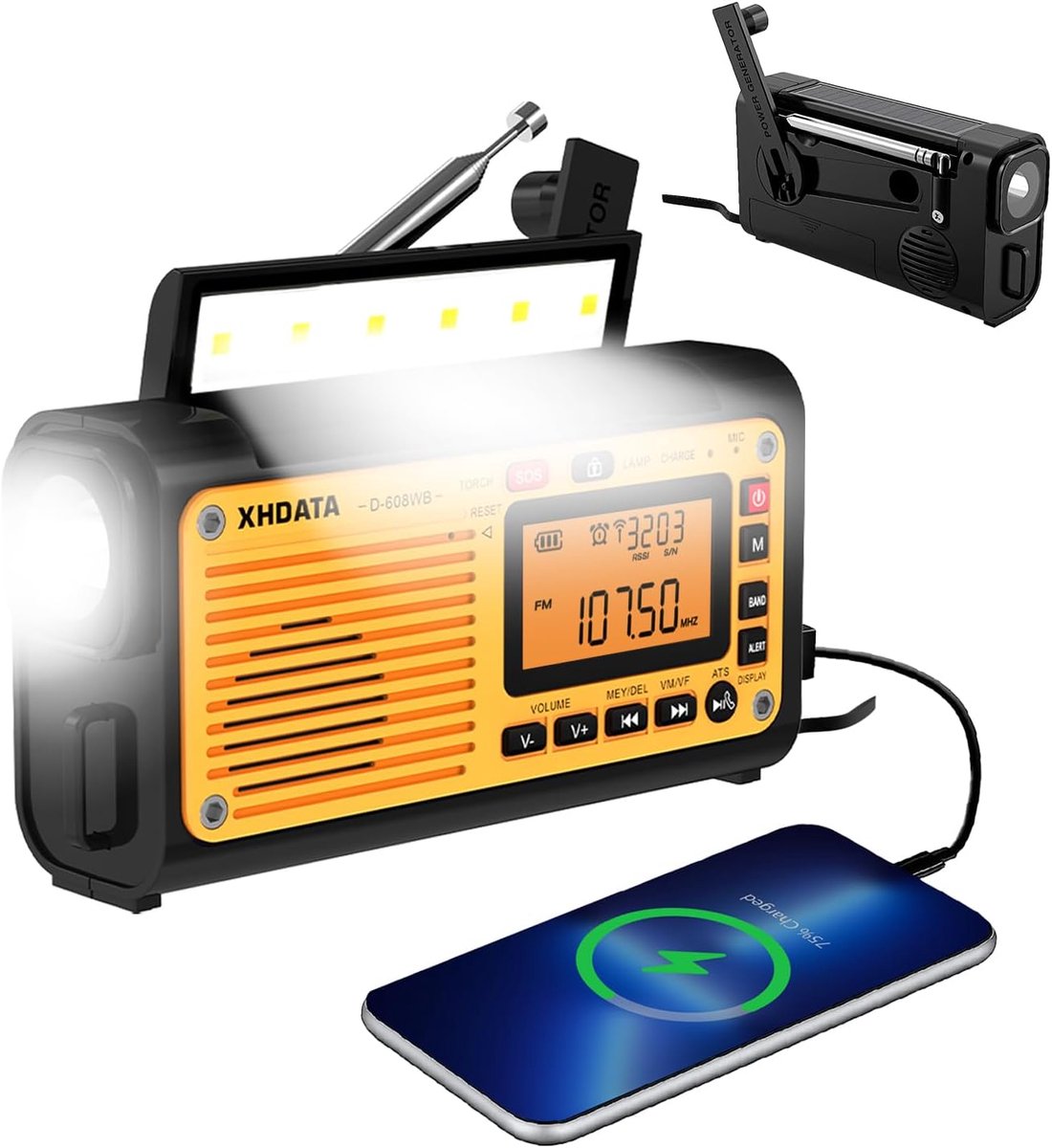SnelShoppen - D608WB Portable Emergency Radio - Crank Solar Radio met 3000mAh Batterij, Oplaadbare USB, LED Zaklamp, SOS Alarm, FM/AM/SW Bluetooth Muz