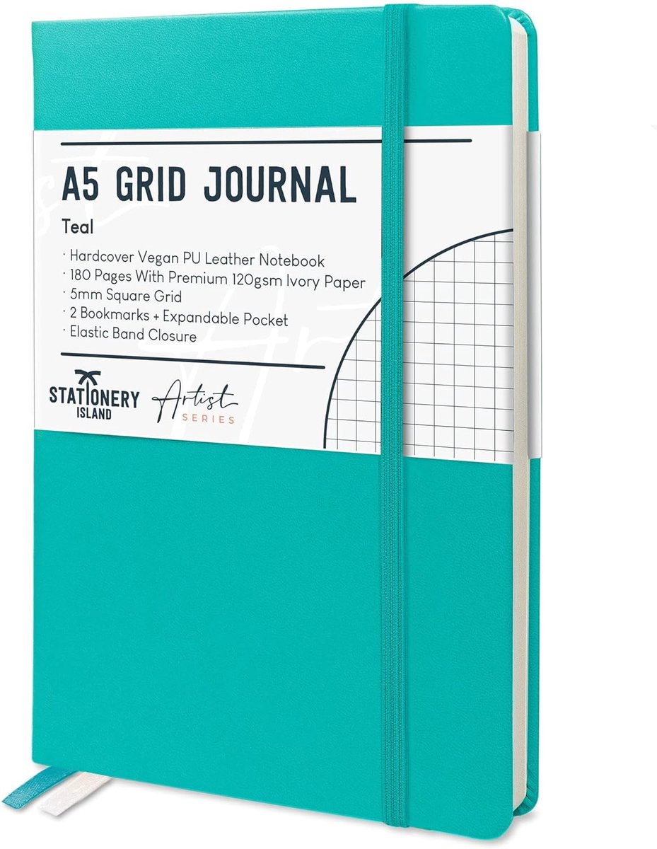 SnelShoppen - A5 vierkant notitieboek - Teal hardcover dagboek - 180 pagina's premium 120gsm papier - met binnenzak - hoogwaardig schrijfboek voor stu
