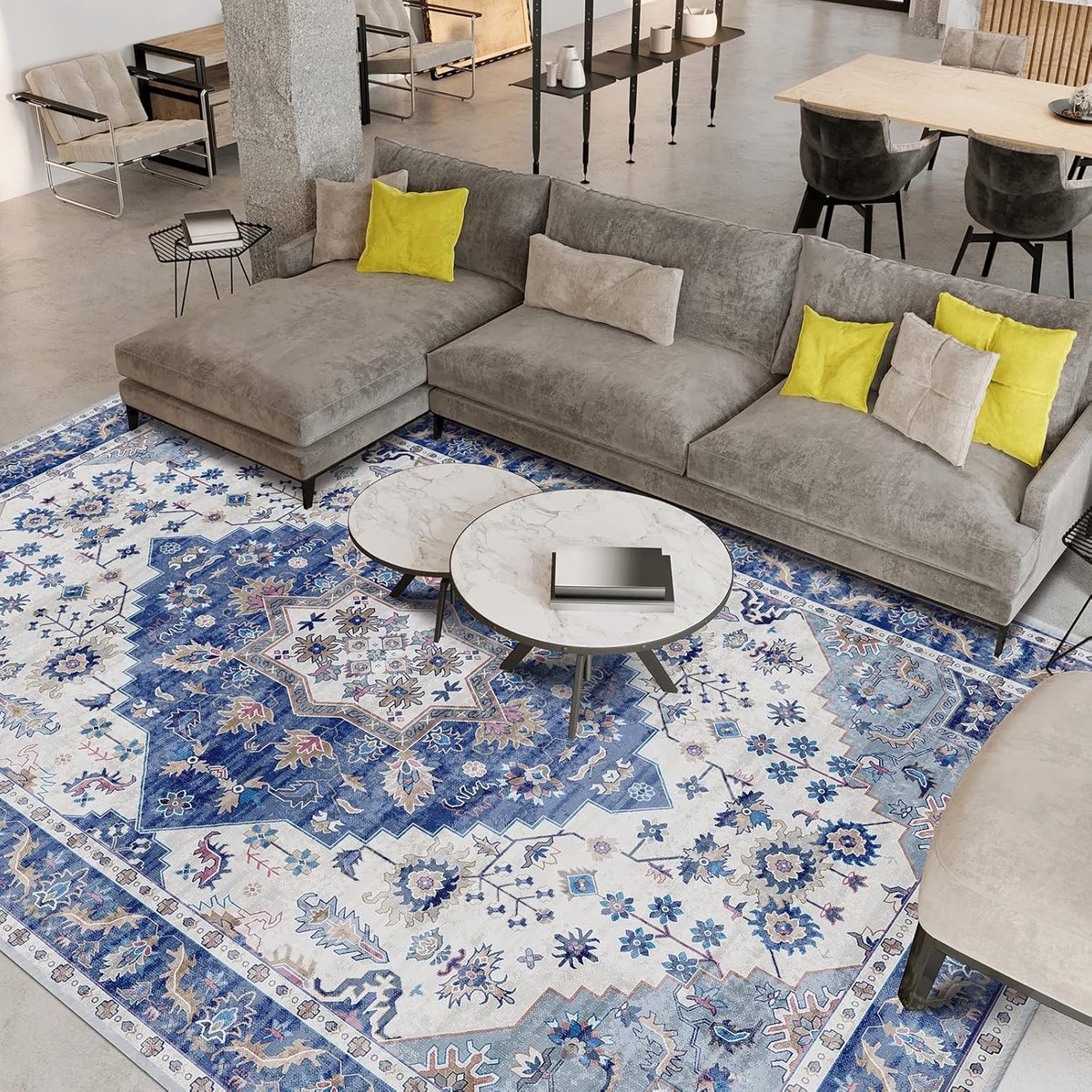 SnelShoppen - Vintage tapijt wasbaar blauw 160 x 230 cm - laagpolig met antislip achterkant - oosters design voor woonkamer, eetkamer en slaapkamer