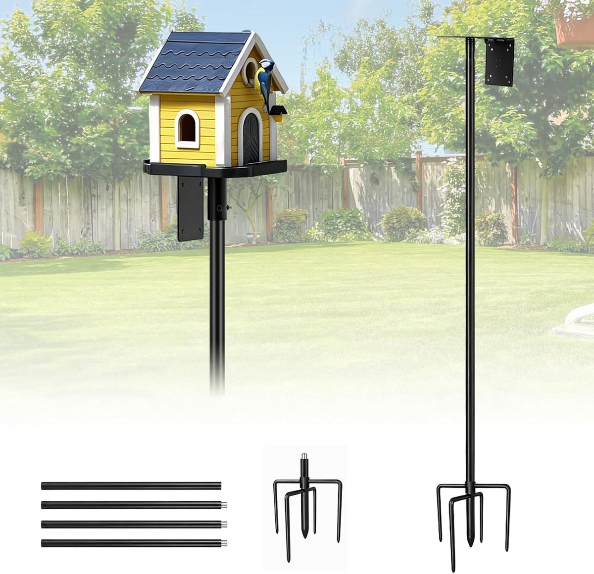 SnelShoppen - Vogelhuisstandaard van metaal 193 cm, verstelbare vogelhuisstang met 5 tanden, ideaal voor tuin, balkon, outdoor, vogelnesthouder, vogel