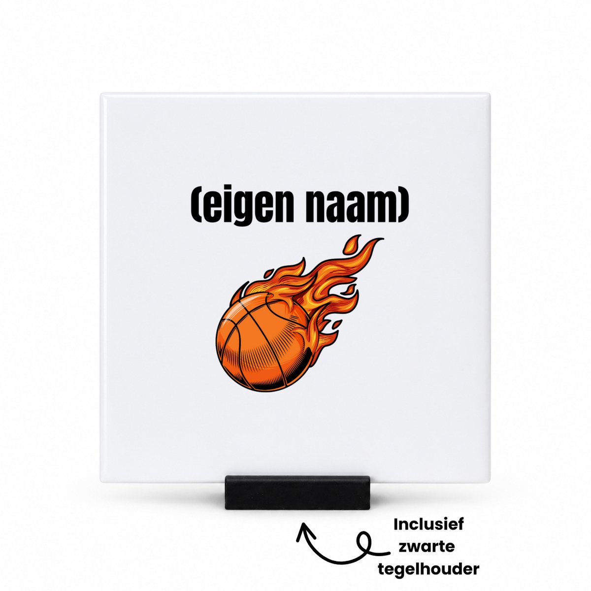 Hacebo basketbal vuur met eigen naam tegeltje met tegelhouder - Basketbal - iemand die op basketbal zit - tegeltjes met tekst - sport - verjaardag cadeau - kado - bal - wedstrijdsport - spreuktegels - 10.8x10.8 CM Wit