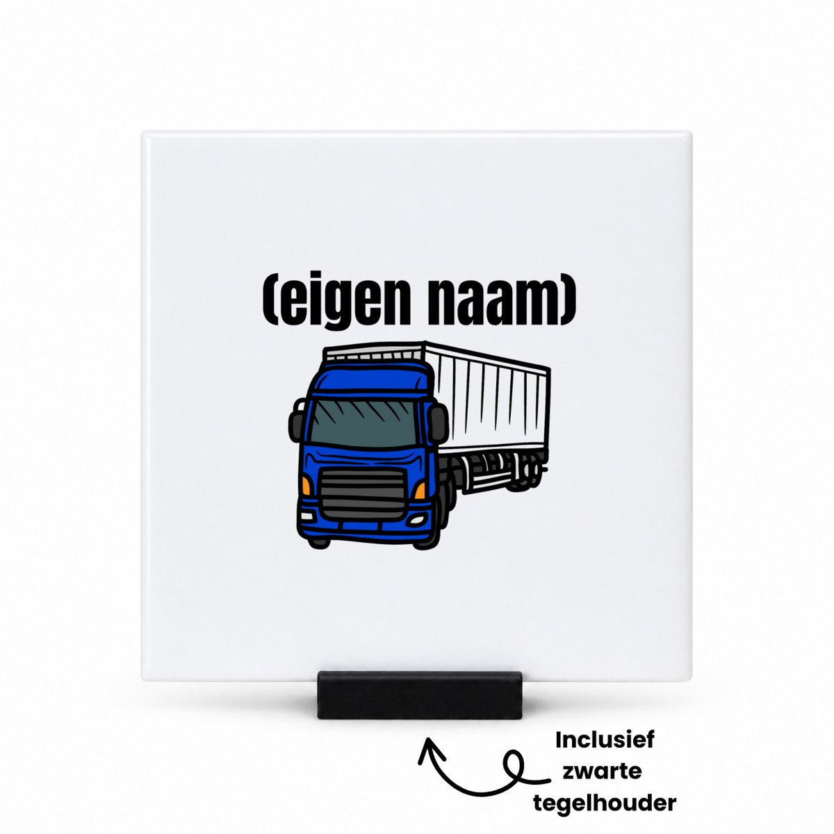 Hacebo blauwe vrachtwagen met eigen naam tegeltje met tegelhouder - Vrachtwagen chauffeur - vrachtauto chauffeurs - tegeltjes met tekst - iemand die houdt van vrachtwagens - verjaardag - cadeau - kado - geschenk - spreuktegels - 10.8x10.8 CM Wit