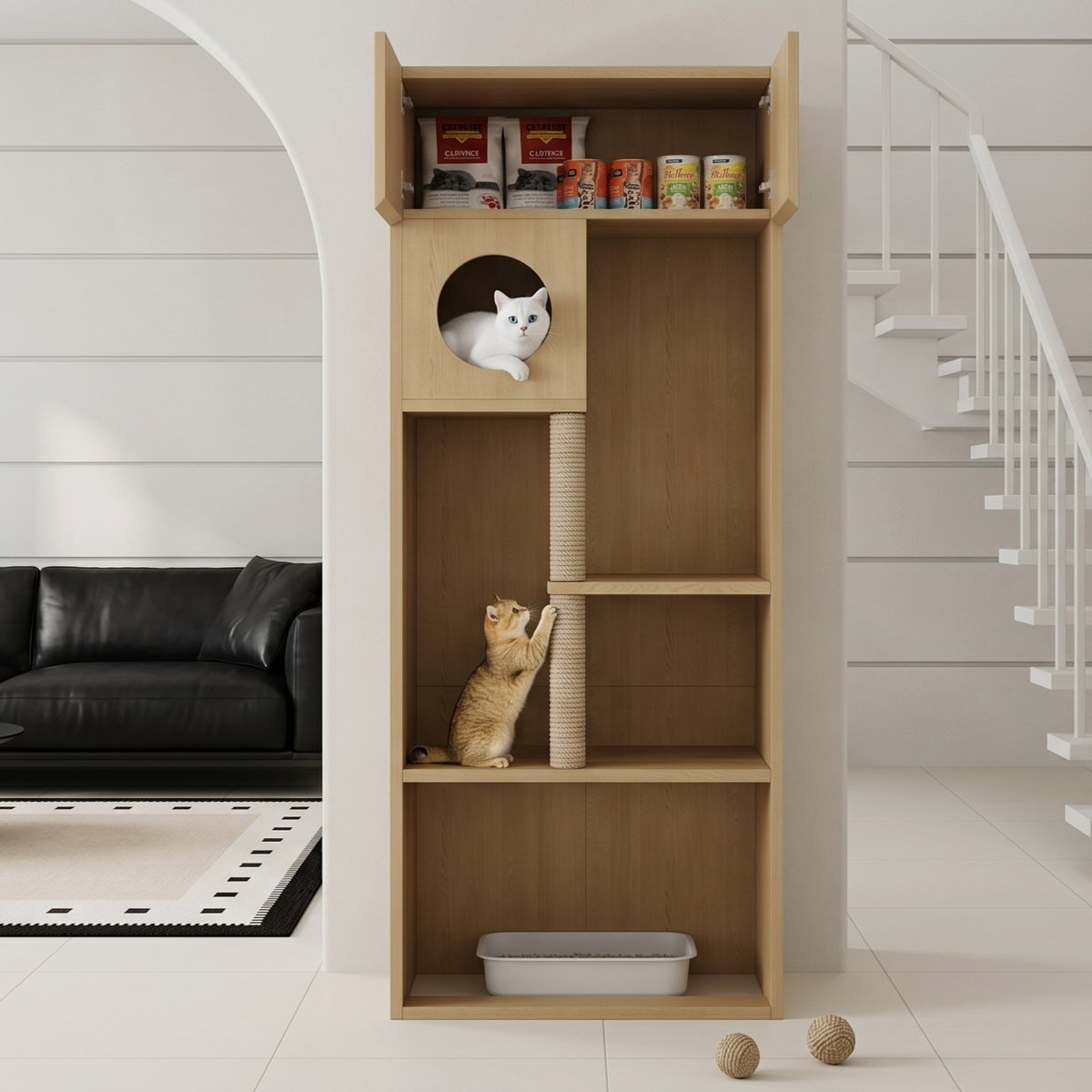 Krabpaalkast voor katten - Multifunctionele opbergkast - Inclusief krabzuil - Natuurlijke houtkleur - Zonder kattenbak - 80 x 45 x 193 cm