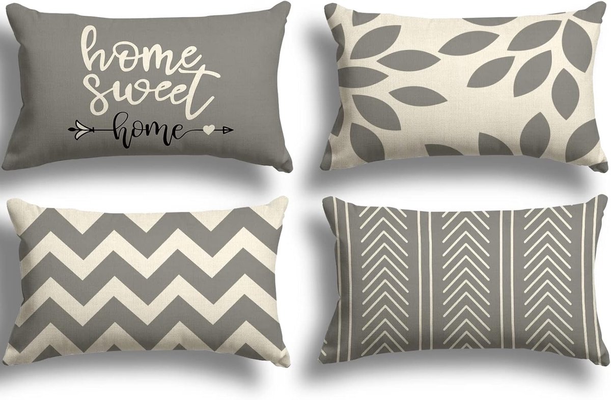 SnelShoppen - Set van 4 Decoratieve Kussenhoezen 30x50cm, Grijs, Hoogwaardige Linnenmix, Voor Binnen en Buiten, Perfect voor Tuin, Woonkamer en Feeste