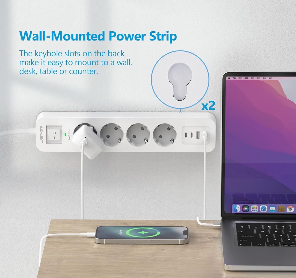 SnelShoppen - Power Strip 4-Way met 4 USB Oplaadpoorten, Wandmontage, 3680W 16A, 2M Kabel, Multifunctionele Stekkerdoos met Overspanningsbeveiliging v