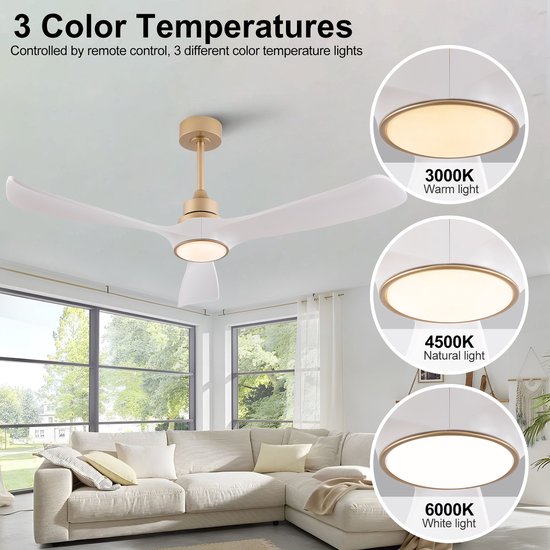 Plafondventilator Met Verlichting - LED Plafondventilator - Plafondventilator Met Afstandsbediening - 52 Inch ABS Bladen Wit-Goud - Reversibele DC Motor - Geheugenfunctie — afbeelding 3