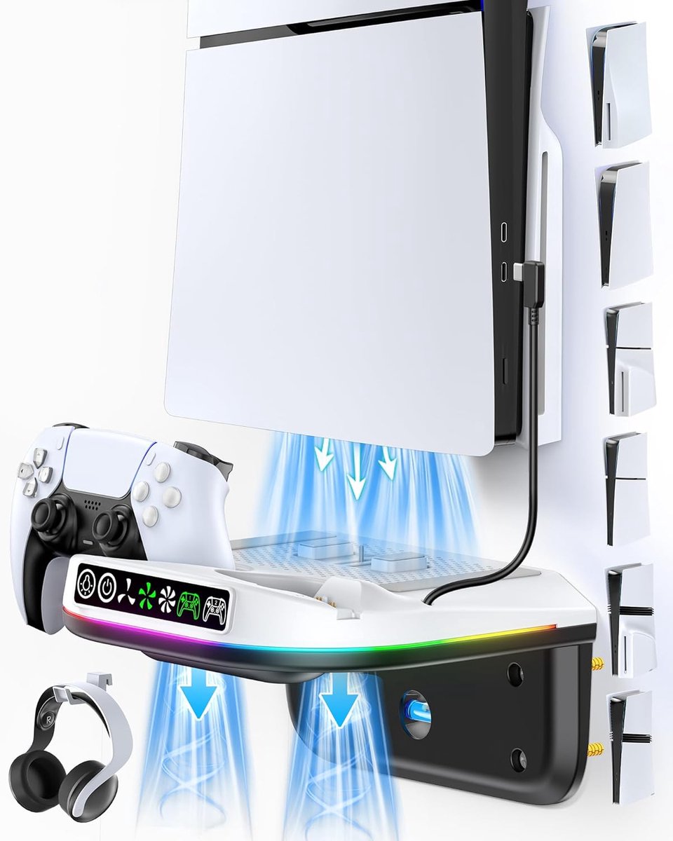 SnelShoppen - PS5 Wandmontagekit met Oplaadstation voor Edge & Dual Controller, 9 Lichtmodi Koelstation met Ventilator, PS5 Pro-Standaard voor Slim/Pr