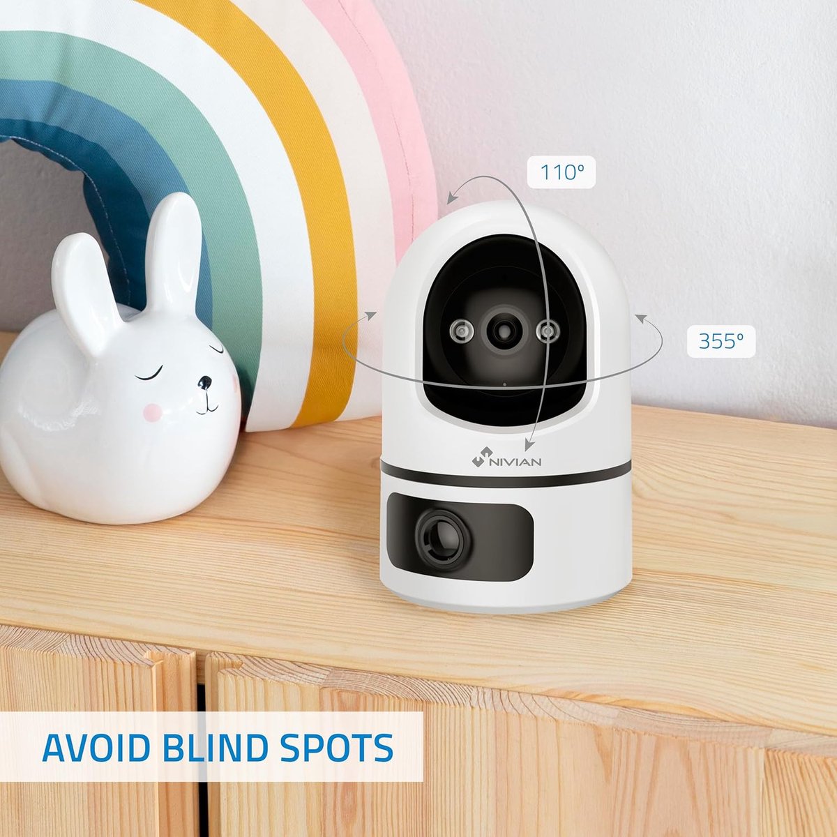 Thijox - 2K Dual WLAN-bewakingscamera voor binnen, dubbele lens, automatische tracking, menselijke detectie AI, bidirectionele audio, Alexa en Google